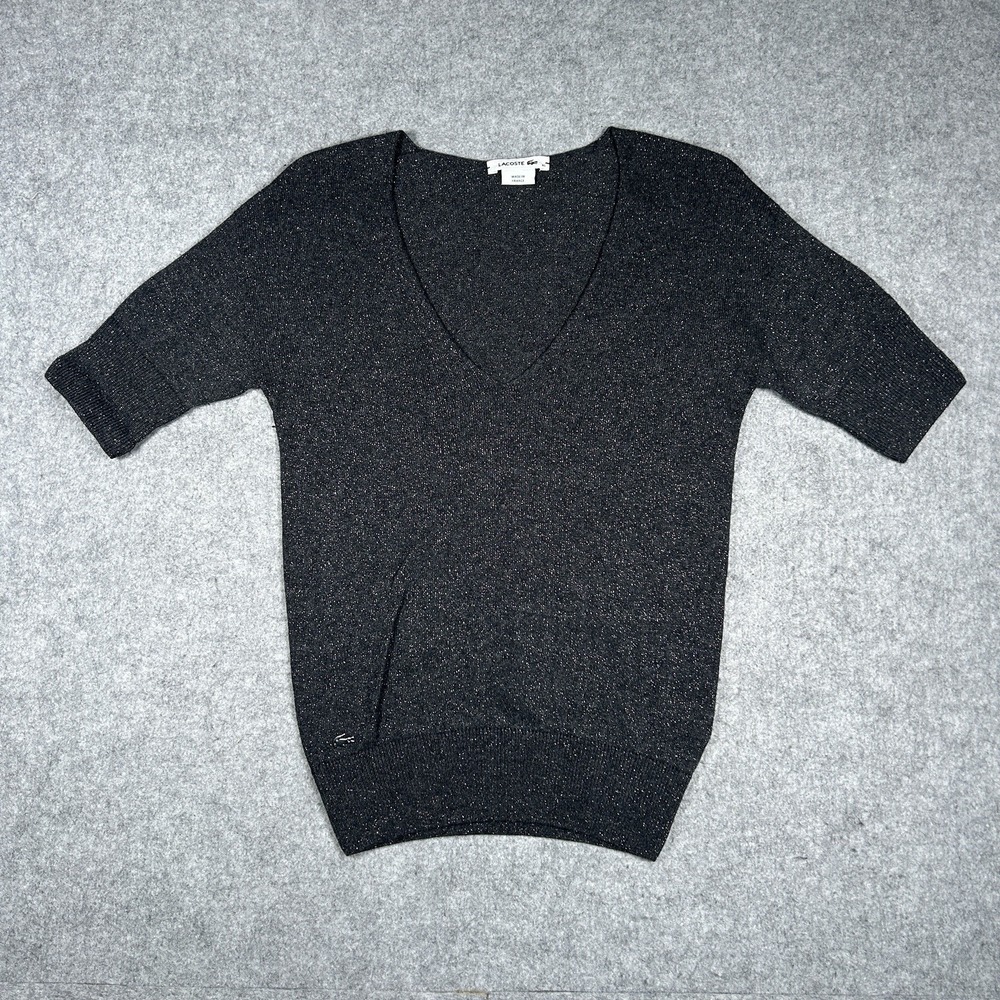 Lacoste v Neck sweater‎ Women's size xs Grey Shimmer Wool Blend Preppy 3/4
